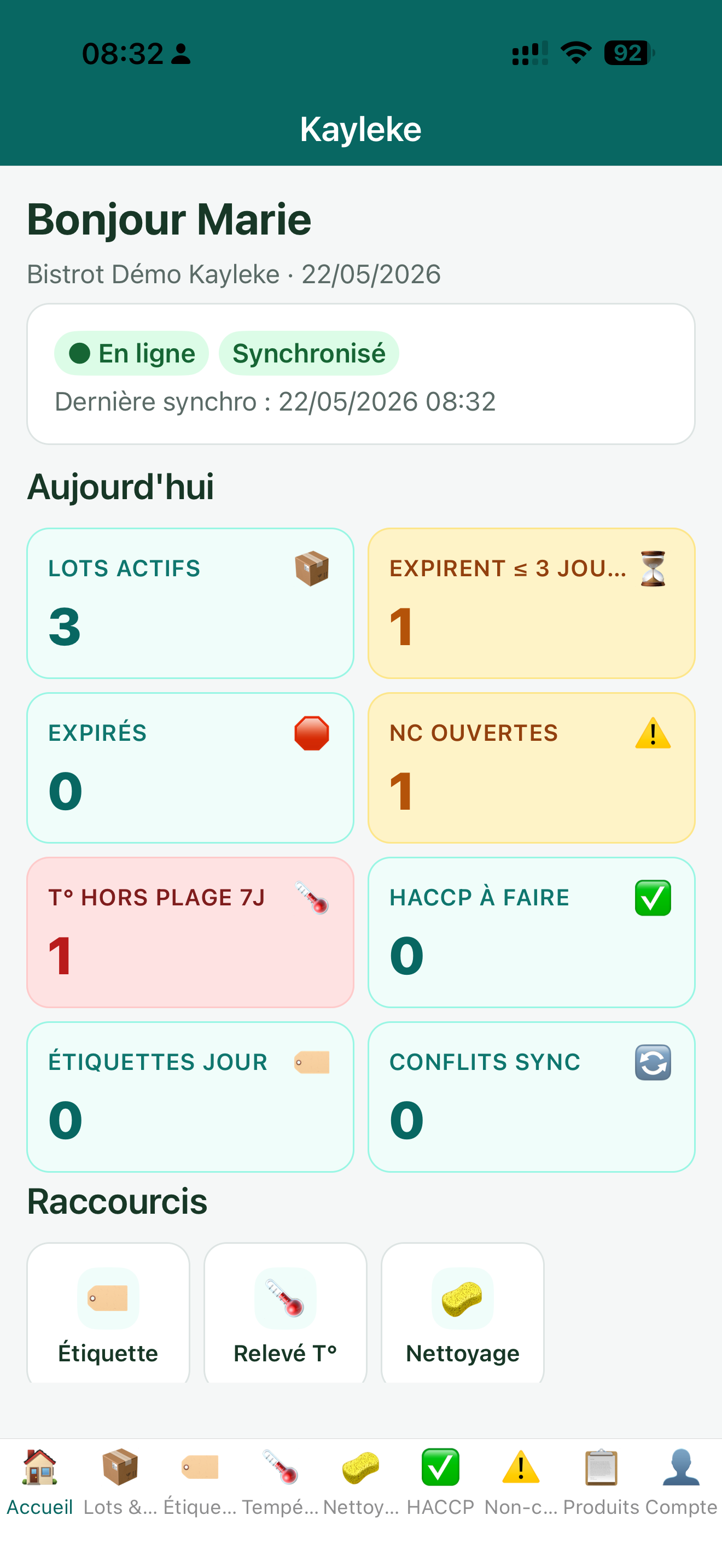 Dashboard d'accueil Kayleke